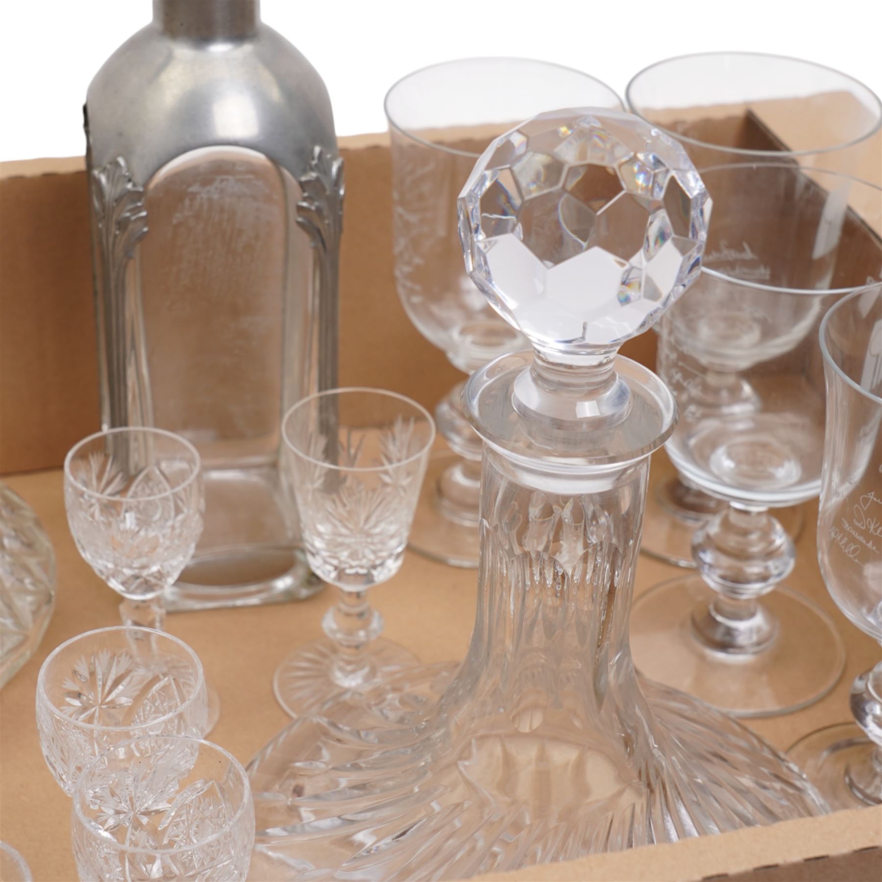 Five Cornhill Insurance Cricket Test Series commemorative glasses with etched signatures 1987-1991, two ships decanters and other glass