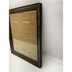 Early Victorian sampler by Barbara Allardye March 1852, finley worked with the alphabet and building and landscape motifs within a flowering vine border in a rosewood effect frame, H35cm, W31cm 