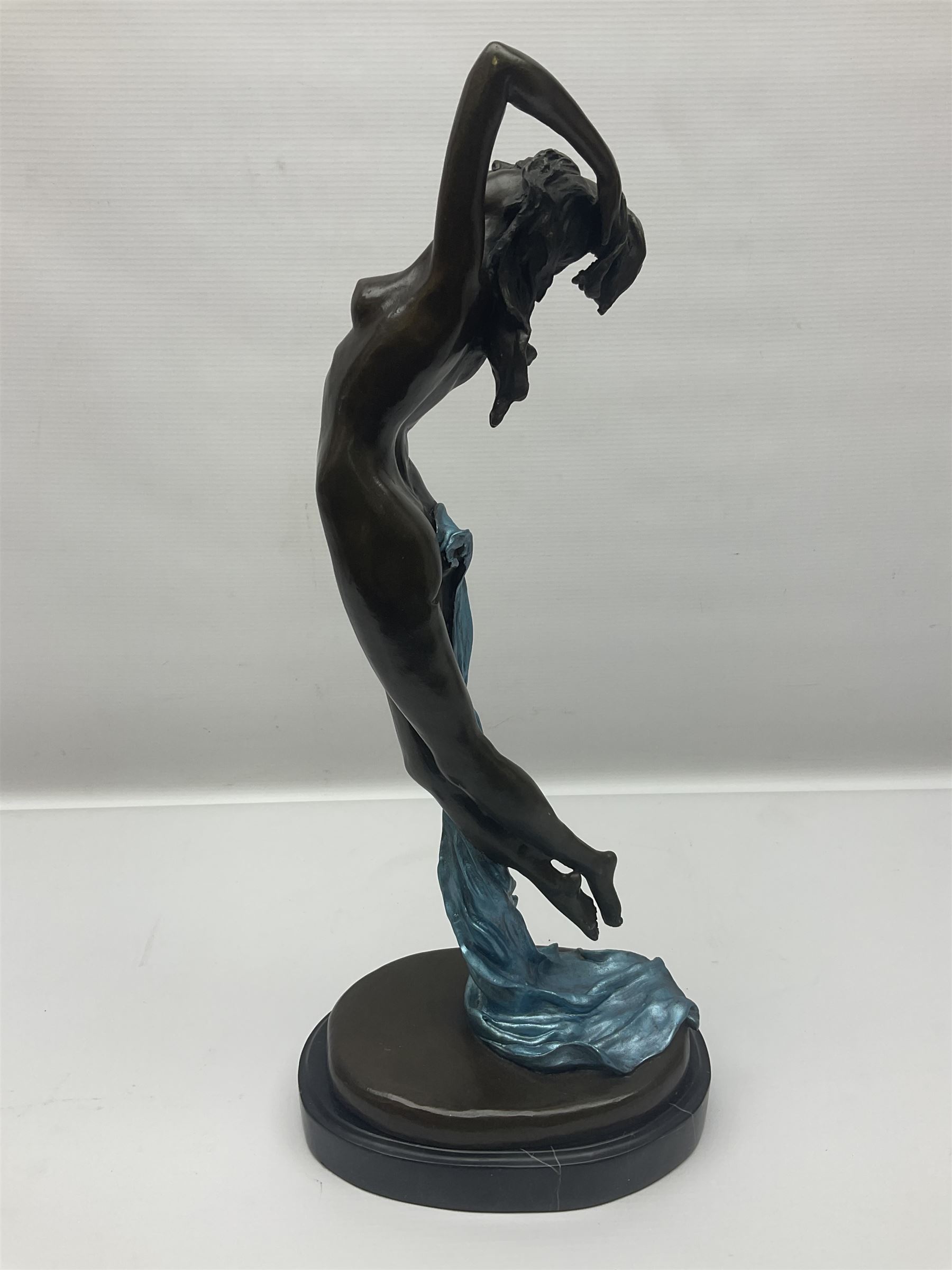 After Joseph Michel Ange Pollet, bronze nude figure of a woman, upon an oval marble base, H46cm
