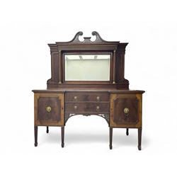 19th century mahogany sideboard, raised mirror back with carved fretwork and two fluted columns, above two cupboards and two drawers with lion mask handles