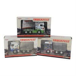 Three limited edition Corgi 1:50 scale Truckfest diecast models, comprising CC13728 Scania...