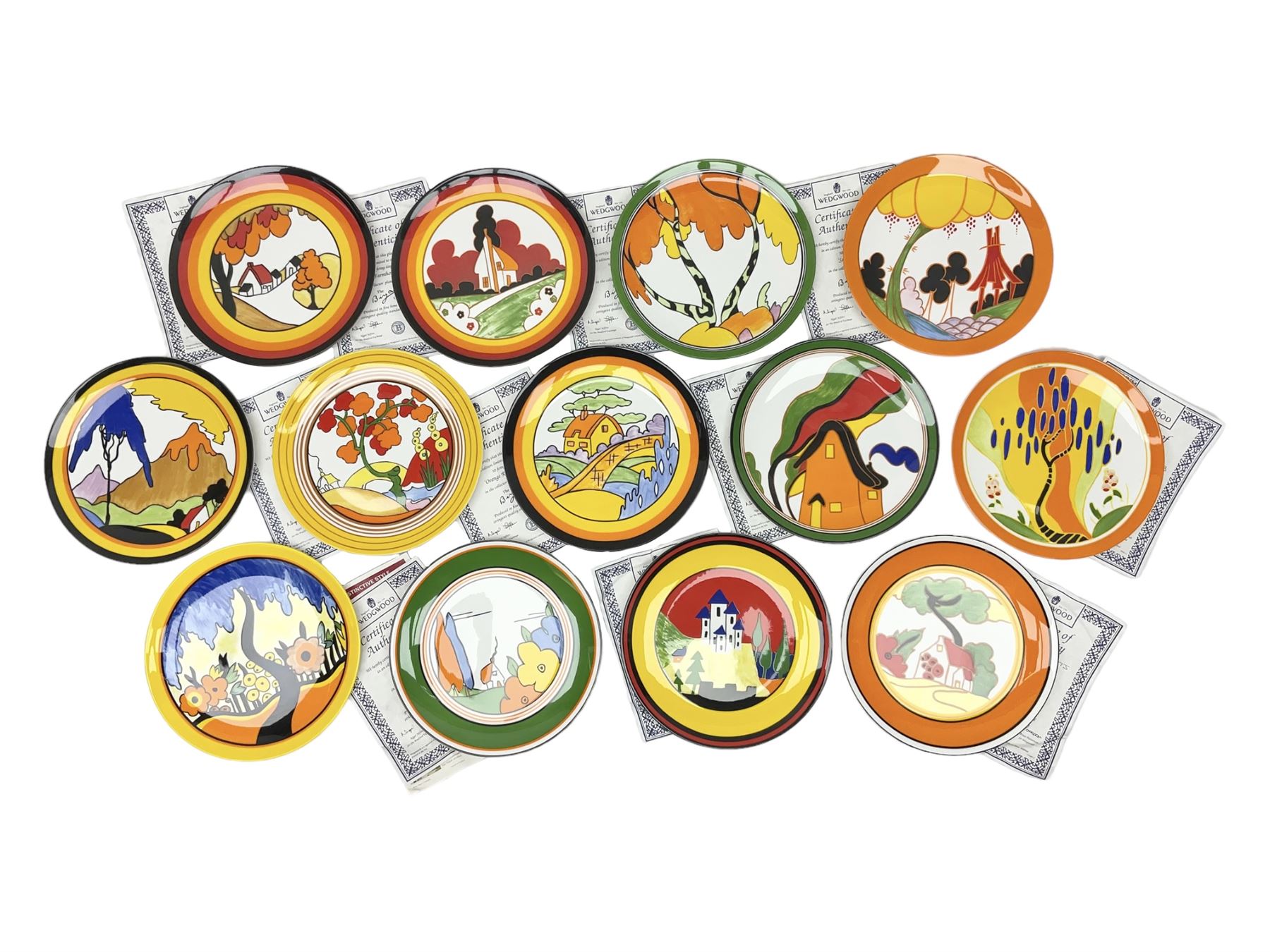 Thirteen Clarice Cliff Wedgwood limited edition plates, including Orange Roof Cottage, Summerhouse, Honolulu, Farmhouse etc, D20cm 