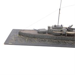  HMS Exeter, Waterline wartime metal model upon a wooden base, circa 1939-45, H24cm, L82cm  