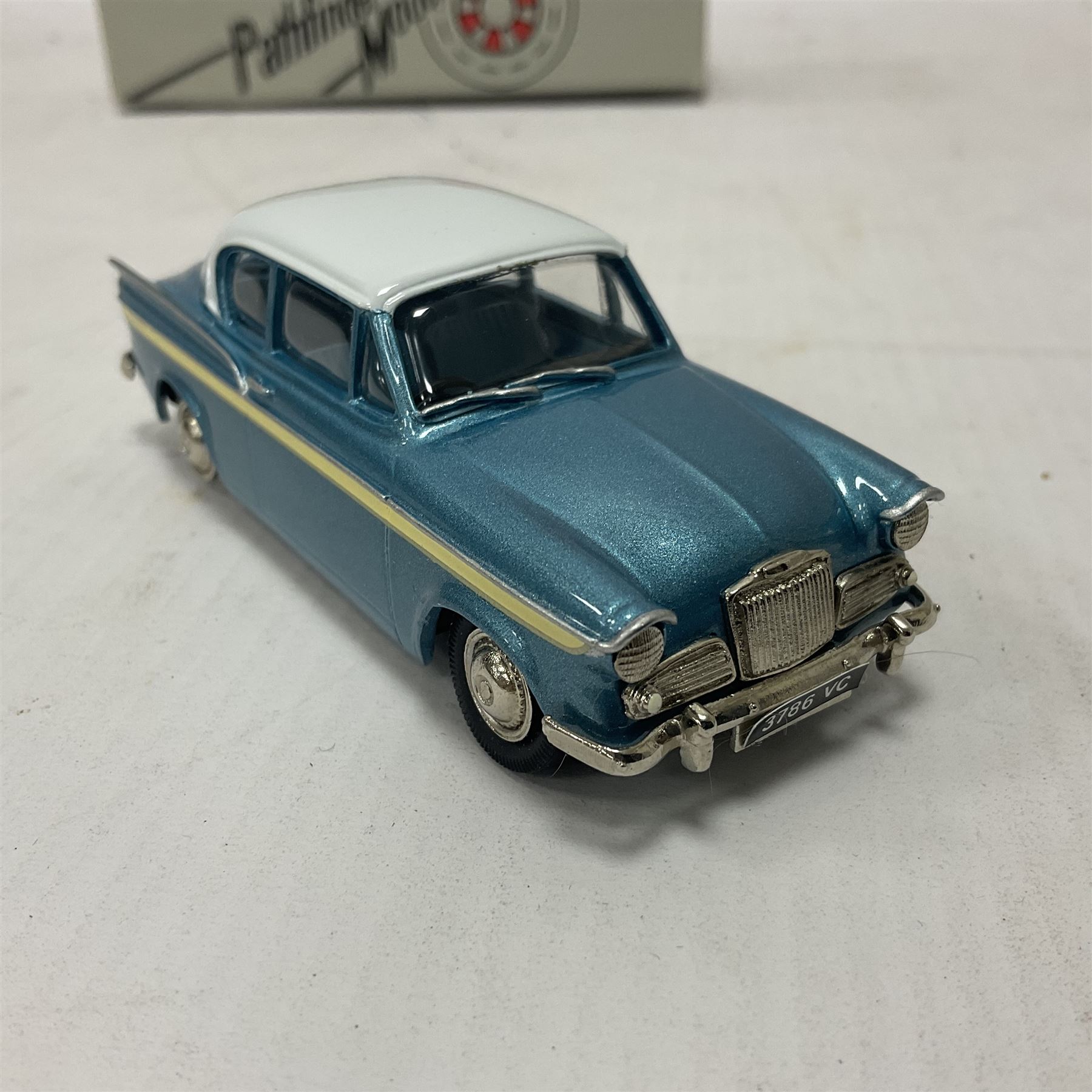 Pathfinder Models - two 1:43 scale model cars comprising Riley 1.5 1958 PFM14 with certificate of authenticity no.571/600 and Sunbeam Rapier 1962 PFM15; both in original boxes  