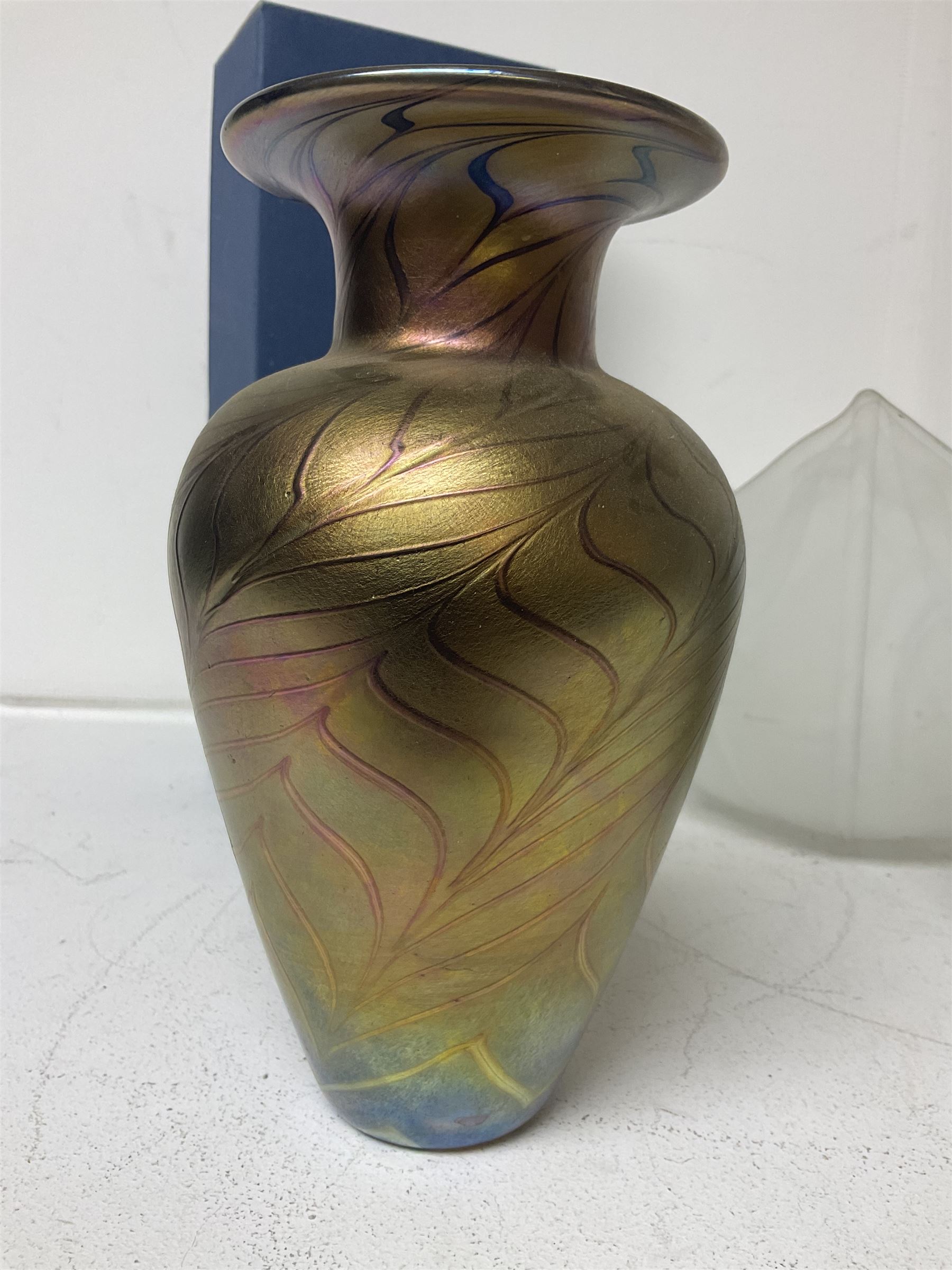 Late 20th century art glass, to include a Robert Held vase, of baluster form with iridescent swirl design, two frosted glass vases with peacock feather design on green and white ground, frosted glass tulip shaped bowl with smoke design and a Rogaska Crystal cobra candlestick, tallest vase 27cm
