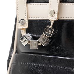 Tod’s - Tote Madis handbag in black patent leather, with twin rolled top handles, contrasting pale piping, silver-tone hardware, embossed Tod’s branding and hanging leather tag with ball-chain detail, with original Tod’s product tag and dust bag