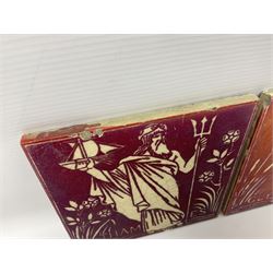 Pair of Maw & Co Benthall Works tiles, each depicting classical figures with fishing and shipping details, one inscribed Thames, the other Clyde, upon a red lustre ground, with raised marks verso, H15.2cm
