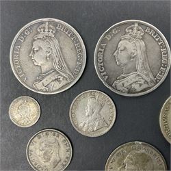 Two Queen Victoria crown coins dated 1890 and 1891, approximately 90 grams of Great British pre 1947 silver coins, King George V India 1919 half rupee etc