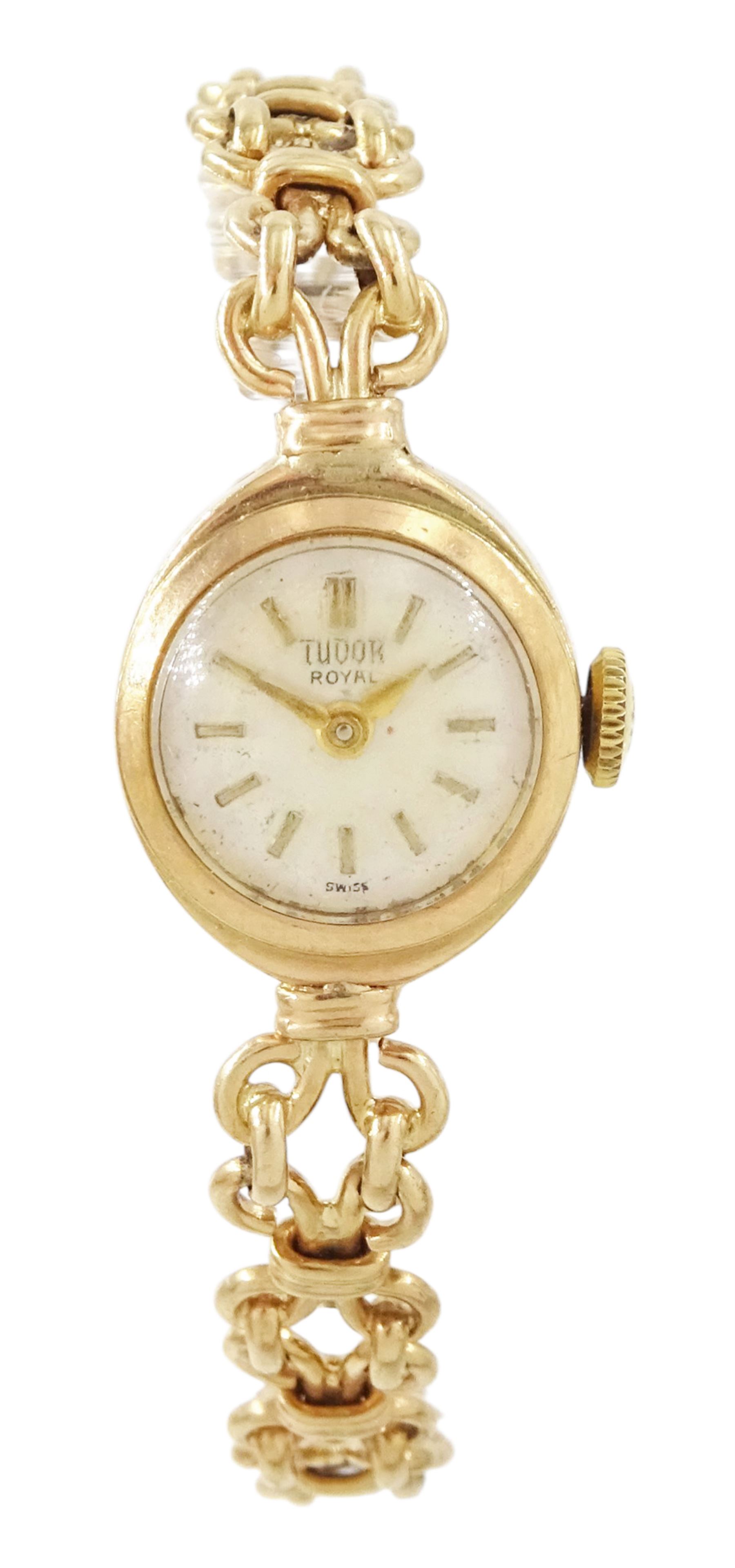Tudor Royal ladies 9ct gold manual wind wristwatch, silvered dial with baton hour markers, Chester 1960, the back case engraved E.M.Timmis, on integral Rolex 9ct gold fancy link bracelet, hallmarked, boxed