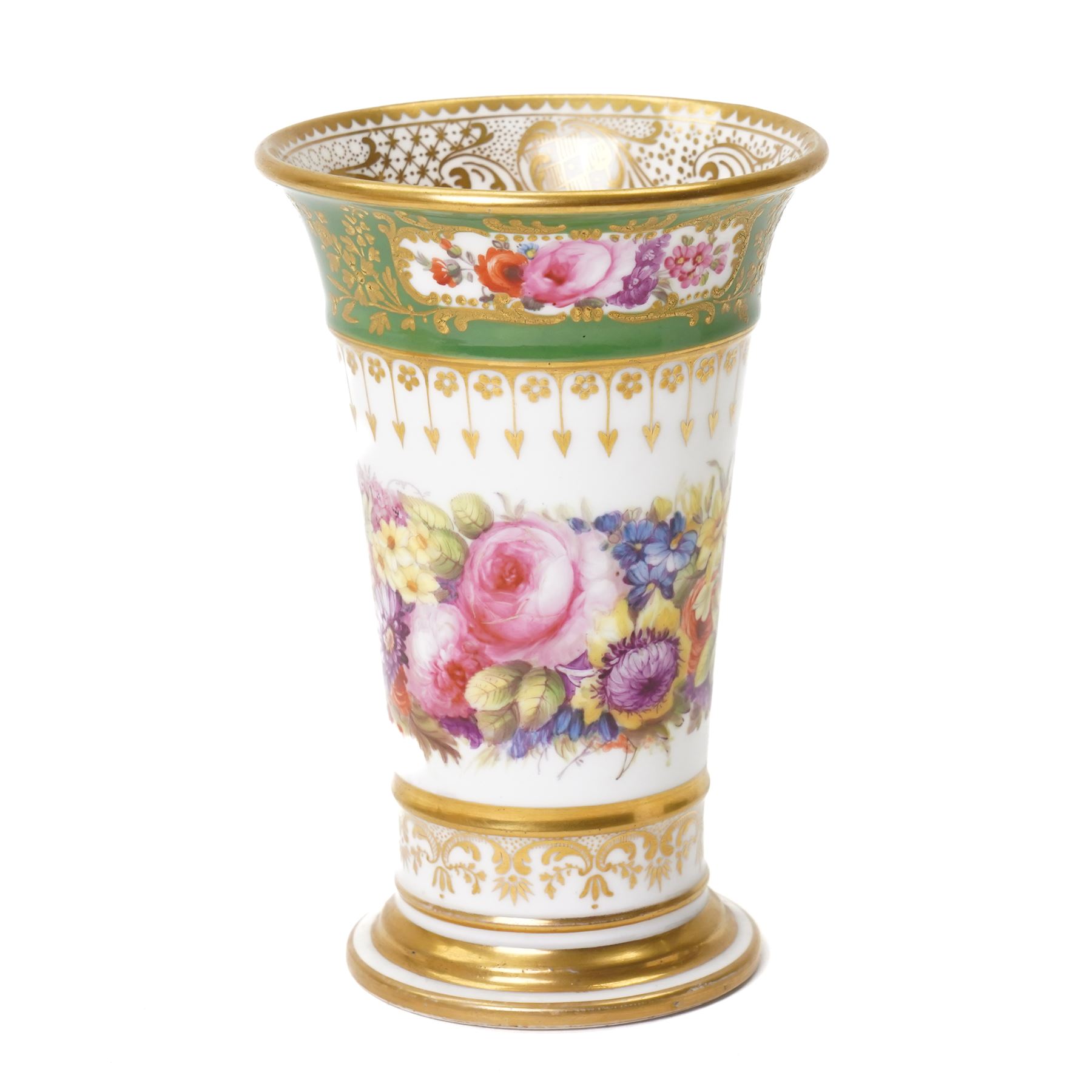 Brown-Westhead, Moore & Co cabinet cup and saucer, with rope twist moulded handle, hand-painted with floral reserves against a white and sky blue ground, heightened profusely with gilt, together with a pink hand-painted example, and a 19th century spill vase and twin-handled covered sucrier (4)
