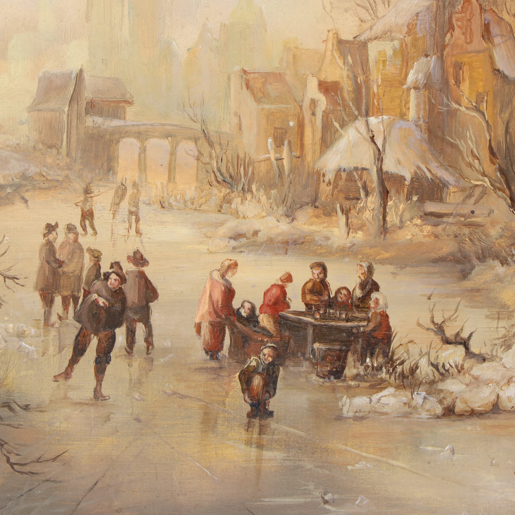 Mária Toldy (Hungarian 1939-) after Fredrik Marinus Kruseman (Dutch 1816-1882): Woodland Ice Skating Scene, pair of oils on panel signed 19cm x 25cm (2) (unframed)