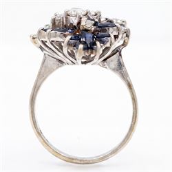 White gold sapphire and diamond cluster ring, set with eight round brilliant cut diamonds and twelve marquise cut sapphires, stamped 18ct, total diamond weight approx 0.45 carat