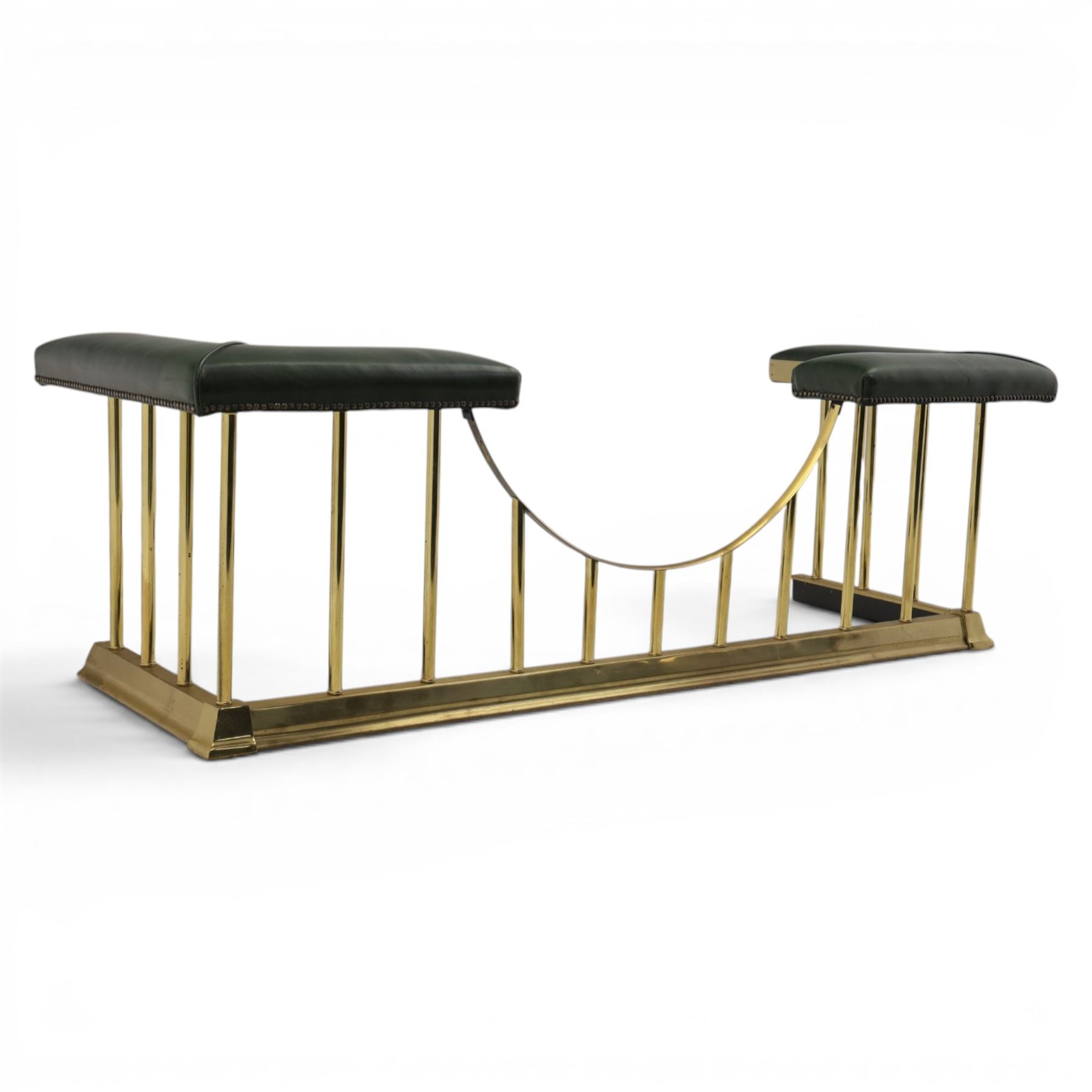 Regency design brass and green leather club fender, padded cushion corners