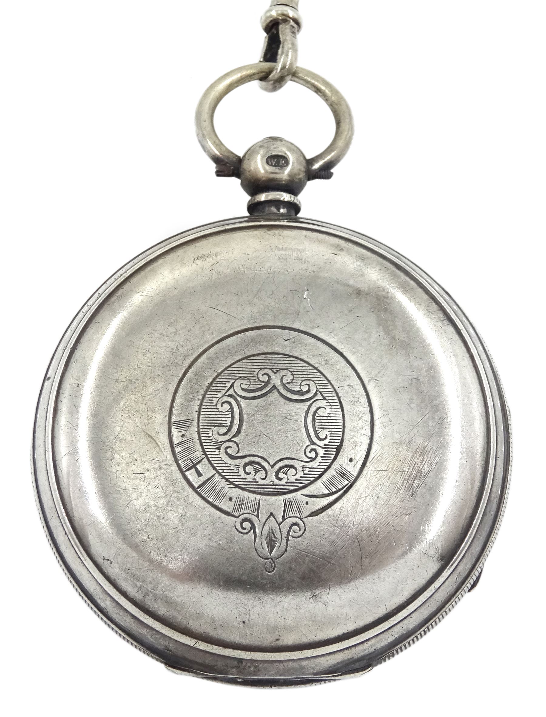Early 20th century silver fusee lever pocket watch by E.Wise, Manchester, white enamel dial with Roman numerals, case by William Ehrhardt Ltd, Birmingham 1915, on silver Albert chain, each link hallmarked