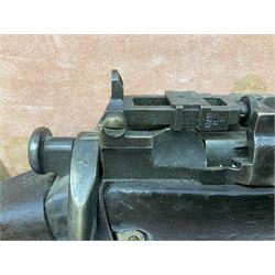 WW2 Lee Enfield No.4 Mk.1 .303 bolt-action rifle with hinged butt compartment, made by SA Ltd., Long Branch, Canada 1942, serial no.5L0646 L113cm; mounted on a framed display board with No.4 Mk.II spike bayonet, No.9 Mk.1 blade bayonet, two inert 5-round clips and brass biographical plaque by Antler Military Originals detailing DA Cert No.C3444 OLD STYLE DEACTIVATION SO FIREARMS CERTIFICATE REQUIRED OR RFD