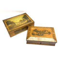 Early 19th century spa work sewing box, the hinged cover and sides hand painted with panels depicting landscapes containing figures passing before country houses and other dwellings, opening to reveal a fitted interior, H7.5cm W26.5cm D18.5cm, together with a 19th century Mauchlin Ware type box, the hinged cover decorated with a waterside vignette, H6.5cm W24cm D16cm