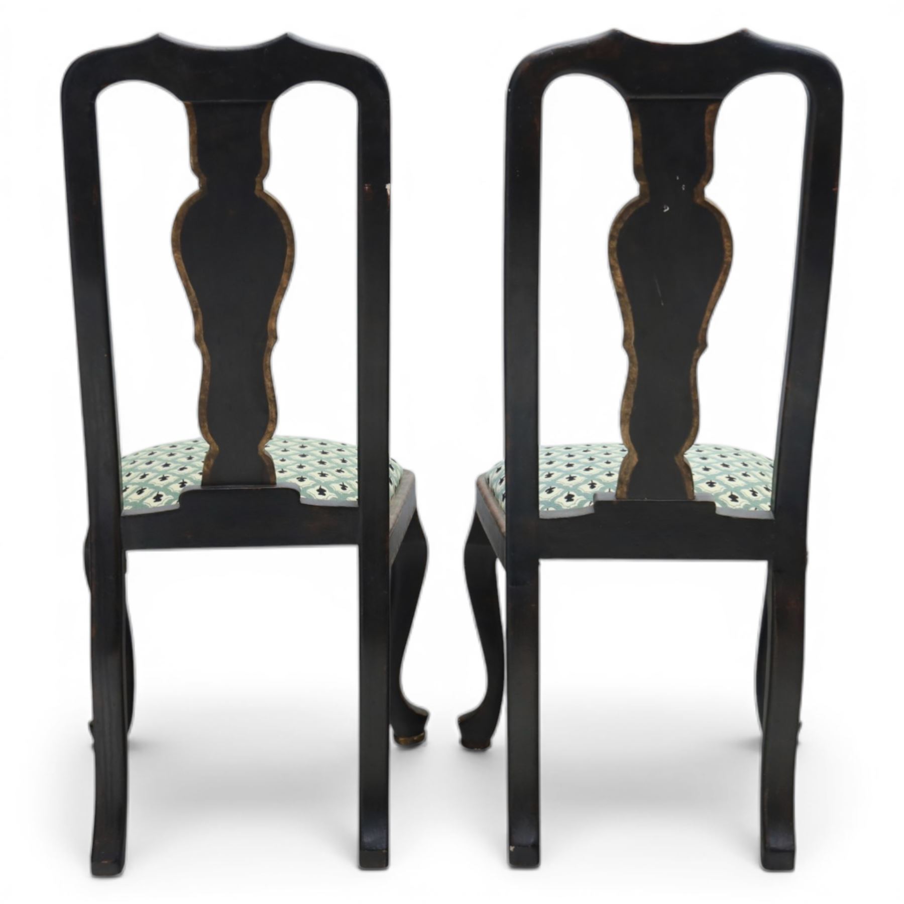 Pair of ebonised and parcel-gilt Queen Anne design side chairs