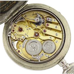 Early 20th century nickle open face keyless minute repeating pocket watch, white enamel dial with Roman numerals and subsidiary seconds dial