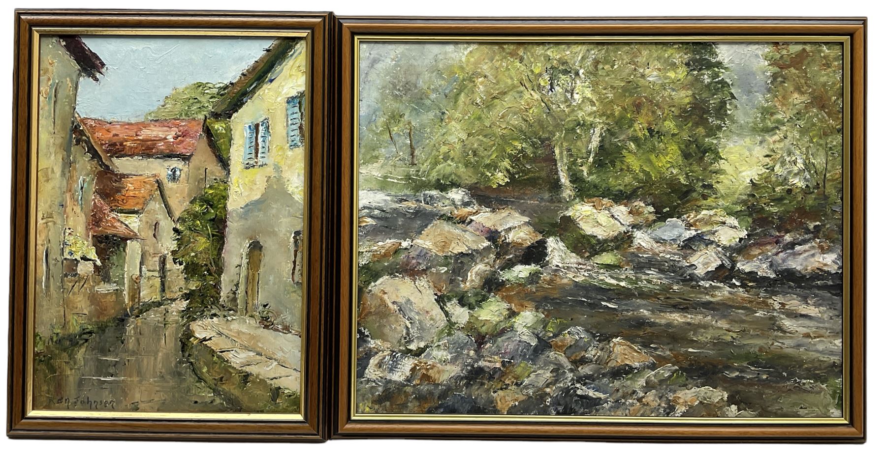Ken Johnson (British 20th century): The River Esk and Yorkshire Village, two oils on board the latter signed max 35cm x 45cm (2)