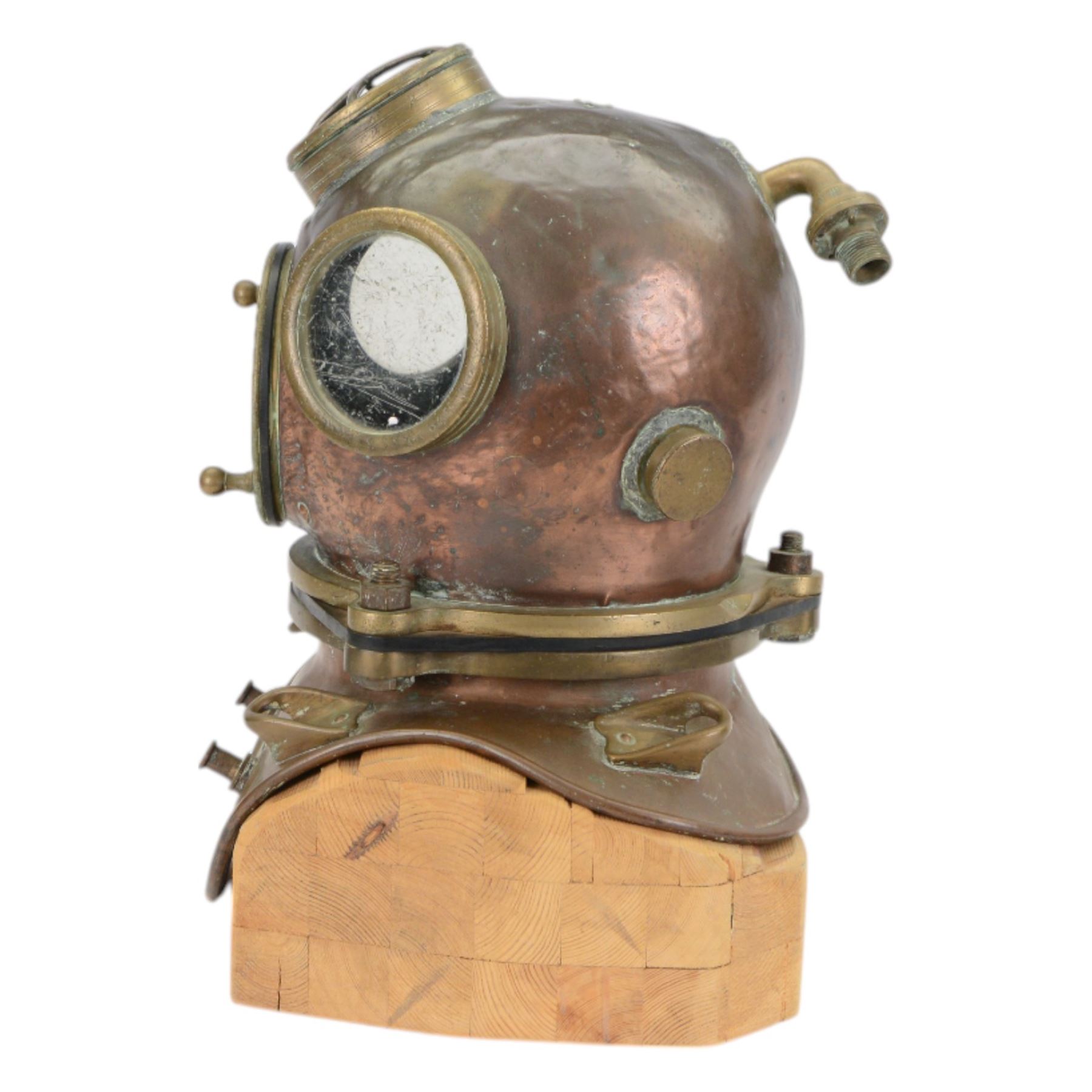19th century Franz Clouth three bolt copper and brass diving helmet, inscribed 'Franz Clouth Kncinische Gummiwaarenfabrik m b H COLN NIPPES', matching numbers T A 7 on top and corselet rims, with handmade wooden stand, together with a reference book 'Diving Helmets' by Anthony Pardoe, which features the helmet on pages 146 and 147, helmet W42cm, H40cm, H50cm
