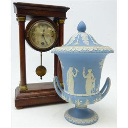  Late 19th century Wedgwood light blue jasperware urn shaped vase and cover and a 20th century mahogany stained gazebo style mantle clock H27cm (2)  