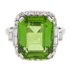 18ct white octagonal cut peridot, old cut and baguette cut diamond cluster ring, stamped 18ct Plat, peridot approx 8.70 carat