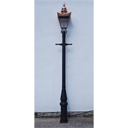 Victorian style cast iron street lamp post with copper and glass lantern top, H336cm