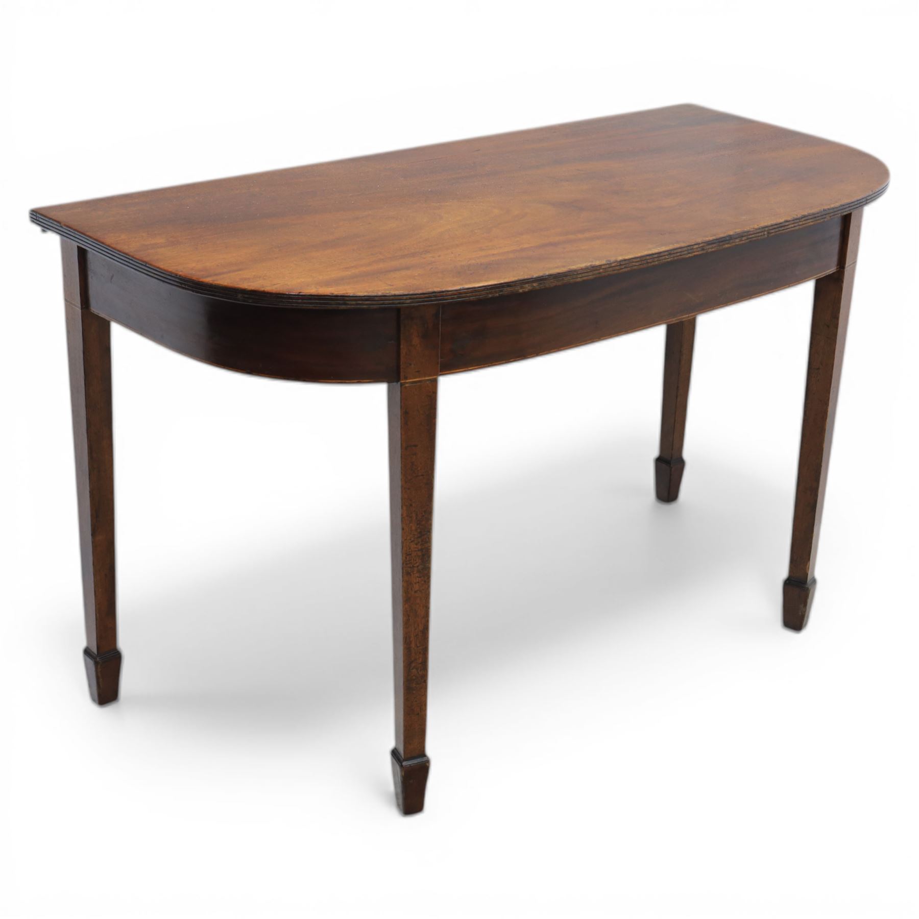 Late Georgian mahogany console side table, D-shaped top with reeded edge, above an inlaid frieze on square tapering supports with spade feet