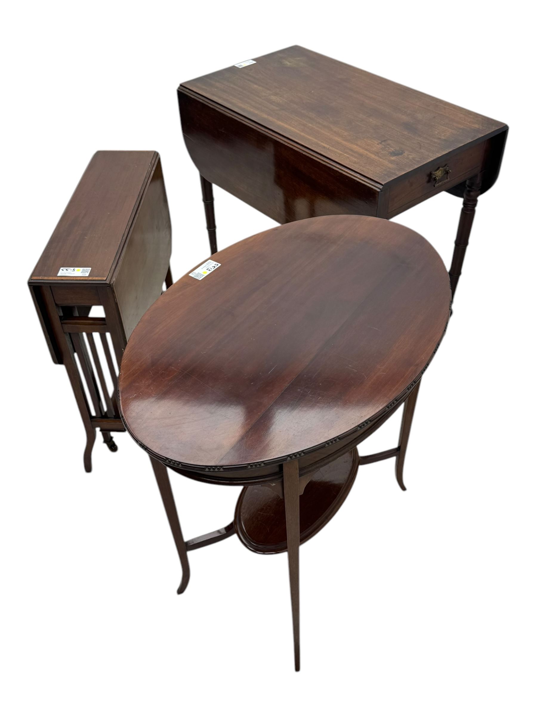 Early 20th century oval mahogany two tier occasional table (76cm x 51cm, H71cm); George III mahogany drop-leaf Pembroke table (48cm x 82cm, H71cm); Edwardian mahogany drop-leaf Sutherland table (W60cm)