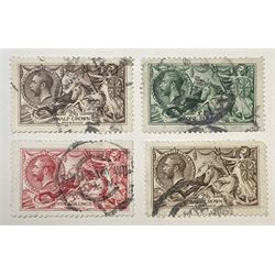 Great Britain King George V seahorse stamps, comprising two half crown, five shillings and one pound green, all used, all previously mounted