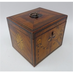  George III figured mahogany boxwood strung tea caddy, inlaid with batwing paterae, the front with floral swag and rosewood banding, swing handle and key included, H11.5cm x D11.5cm    