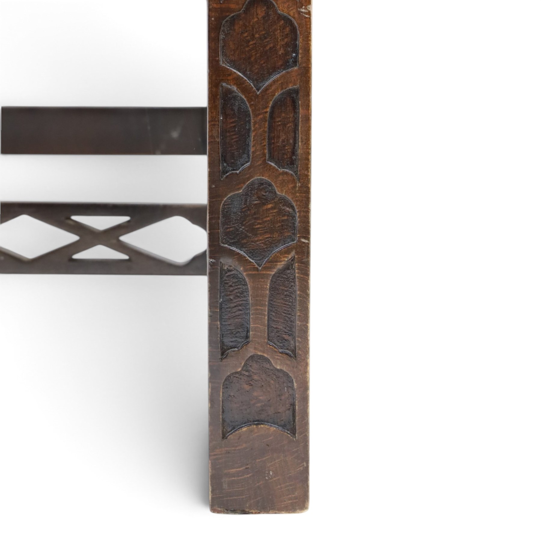 Chippendale design Gainsborough elbow chair, upholstered in kilim fabric, blind fretwork and acanthus carving