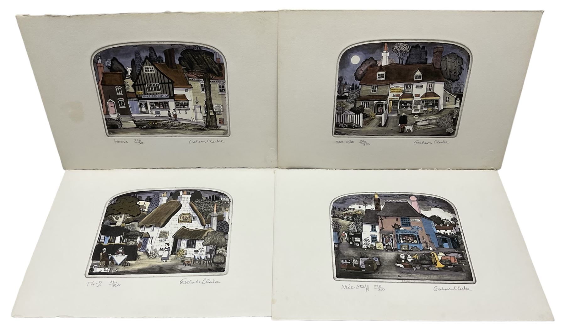 Graham Clarke (British 1941-): 'T-4-2' 'Hovis' 'OXO OXO' and 'Nice Stuff', set of four limited edition hand coloured etchings signed titled and numbered in pencil 13.5cm x 17cm (unframed) (4)