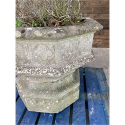 Large gothic design octagonal cast stone centre-piece urn olanter, quatrefoil decoration 