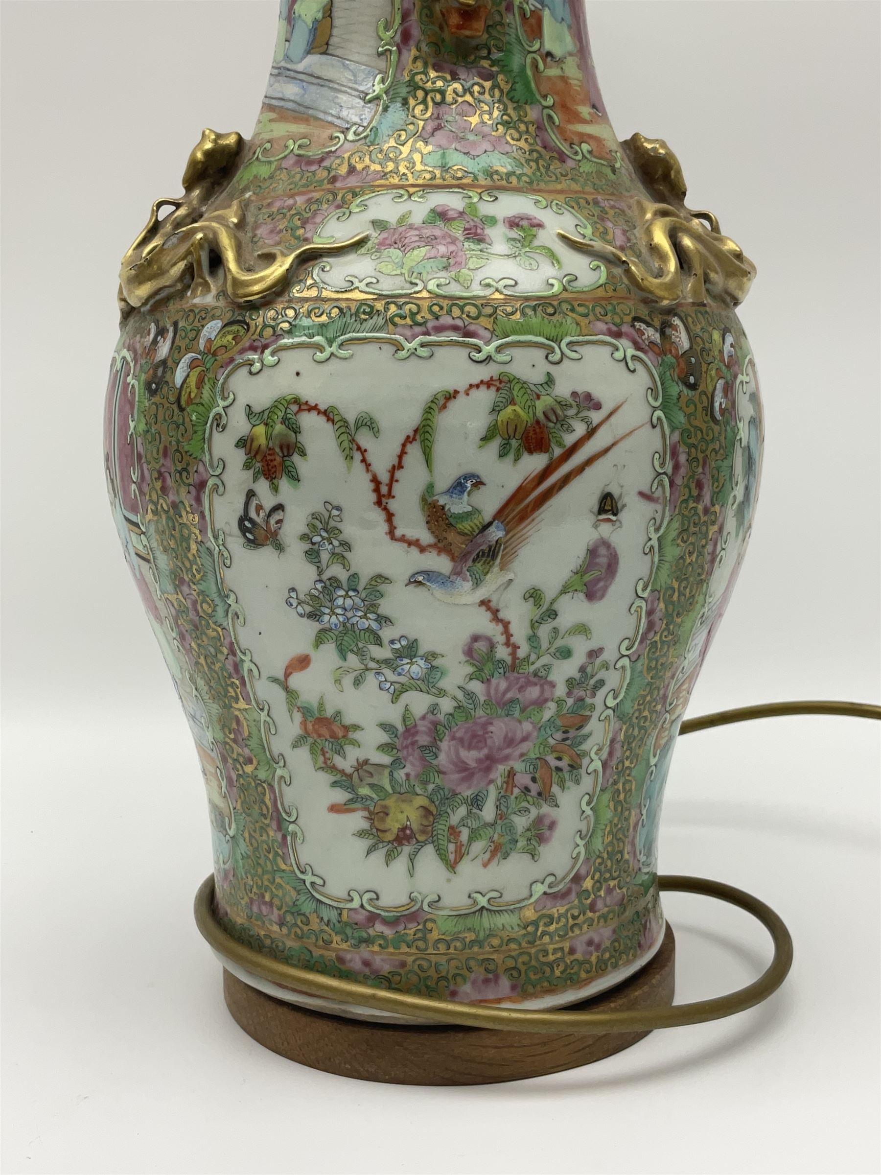 19th century Chinese Canton Famille Rose vase, decorated with figural panels against floral and foliate scroll ground, converted to a lamp, H46cm