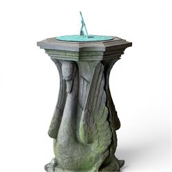 Late 20th century terracotta twin swan sundial, well figured seated back to back with shaped top, raised on four sectional base. Measurements exclude base.
Base: 60cm x 60cm