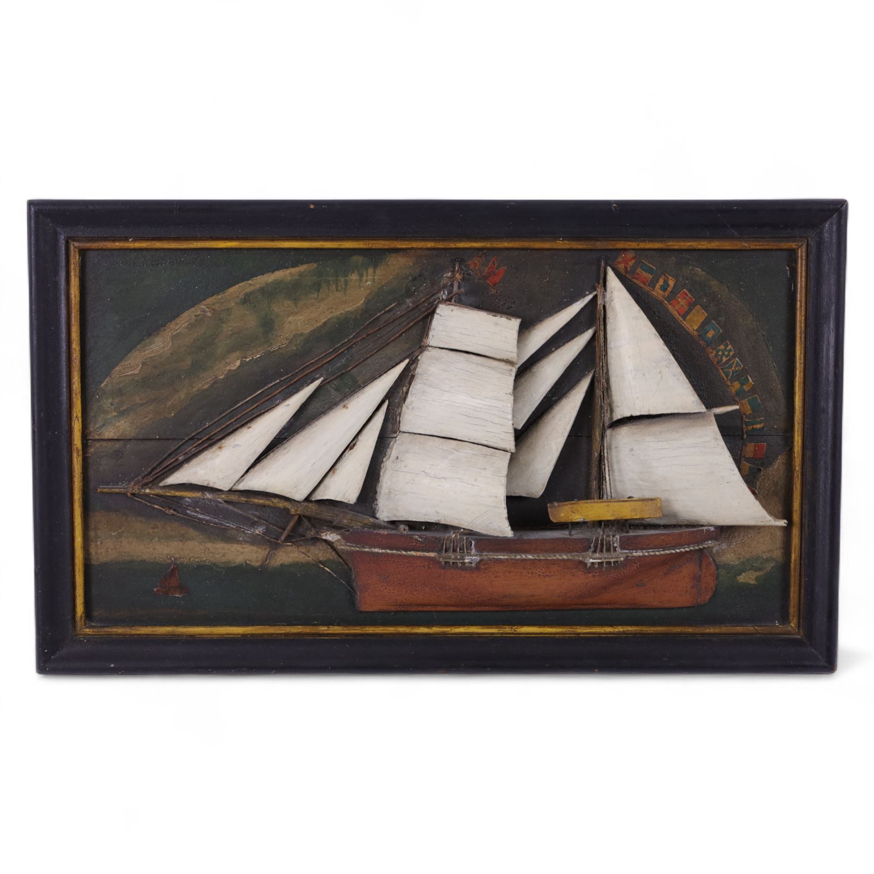 Late 19th/early 20th century half block diorama of a twin-masted clipper ship, painted within a seascape with decoupaged details, H30cm, W50cm