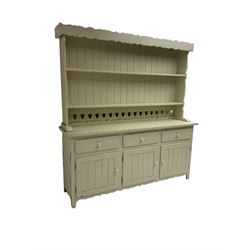 Late 20th century painted pine dresser, two heights plate rack over three drawers and three cupboards