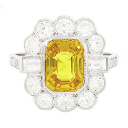 Platinum yellow sapphire and diamond milgrain set cluster ring, single octagonal cut sapph...