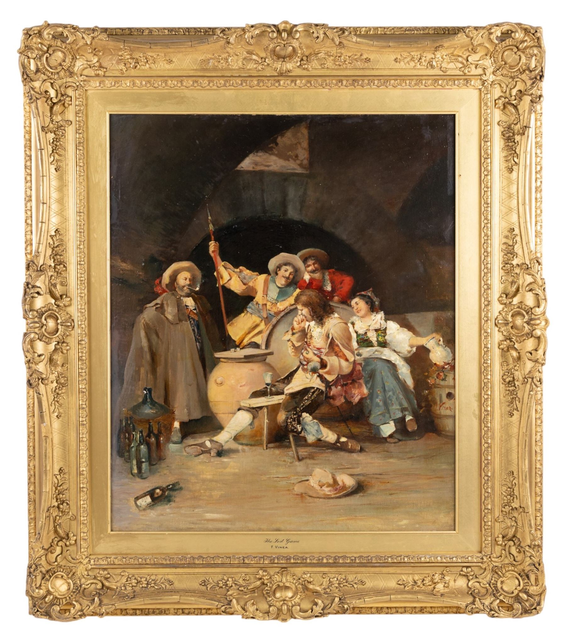 Francesco Vinea (Italian 1845-1902): 'The Lost Game' - A Tavern Scene with Merrymakers, oil on canvas signed 60cm x 50cm 