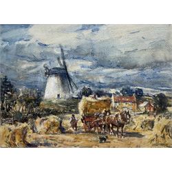 Rowland Henry Hill (Staithes Group 1873-1952): Haymaking before Ugthorpe Mill, watercolour signed and dated 1930, 24cm x 33cm
