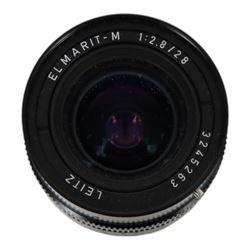 Leitz Elmarit-M 1:2.8 f=28mm lens, serial no. 3245263, in a leatherette case