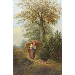 Henry Charles Bryant (British 1835-1915): Girl Carrying Hay with Terrier, oil on canvas si...