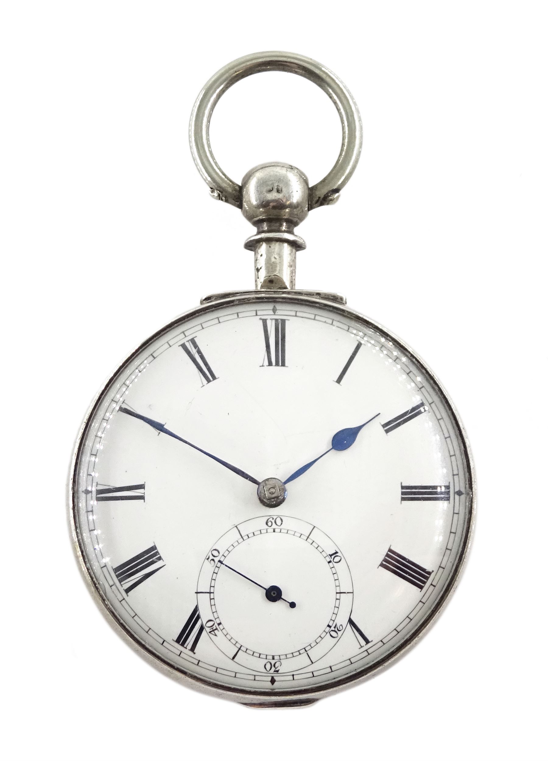 Victorian silver pair cased English lever fusee pocket watch by John Bryson & Son, Dalkeith, No. 38736, round pillars, engraved balance cock with diamond endstone, white enamel dial with Roman numerals and subsidiary seconds dial, case by Philip Woodman & Sons, London 1866