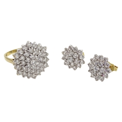 14ct gold cubic zirconia hexagonal cluster ring and pair of matching earrings, hallmarked