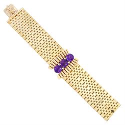 9ct gold amethyst and diamond modernist bracelet, three round cut amethysts with two round...