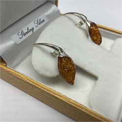 Pair of silver Baltic amber pendant earrings, stamped 925, boxed