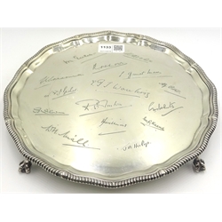  Silver salver with engraved signatures, M Eccles, R A White, A G Porter, J A Hislop, J Williams, etc  by Goldsmiths Silversmiths London 1935 approx 21oz  