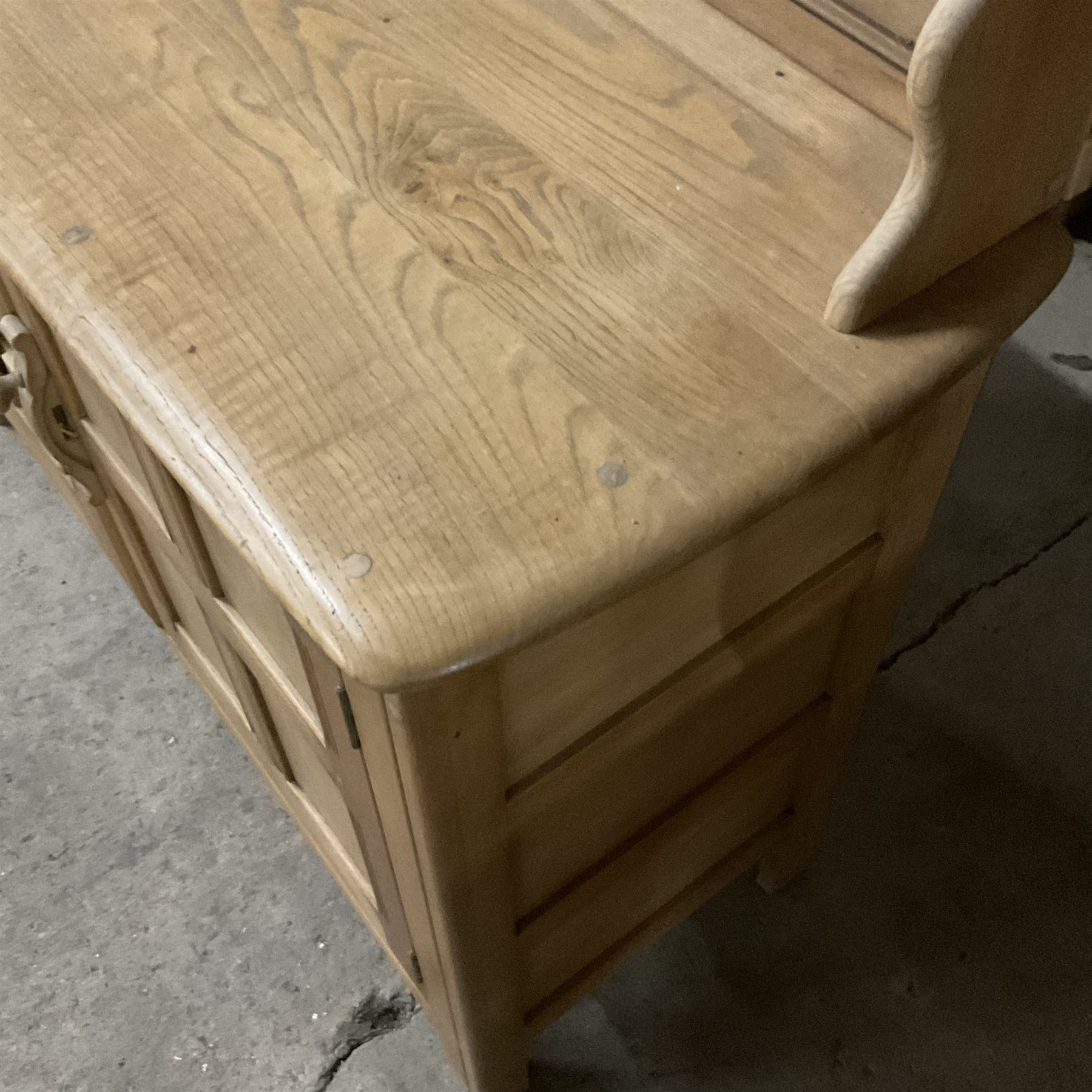 Ercol - light elm and beech dresser, two heights plate rack over double cupboard, two panelled doors enclosing shelves and drawers - THIS LOT IS TO BE COLLECTED BY APPOINTMENT FROM THE OLD BUFFER DEPOT, MELBOURNE PLACE, SOWERBY, THIRSK, YO7 1QY