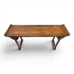Chinese elm altar table, rectangular plank top with galleried sides, raised on reeded square supports with scrolled spandrels